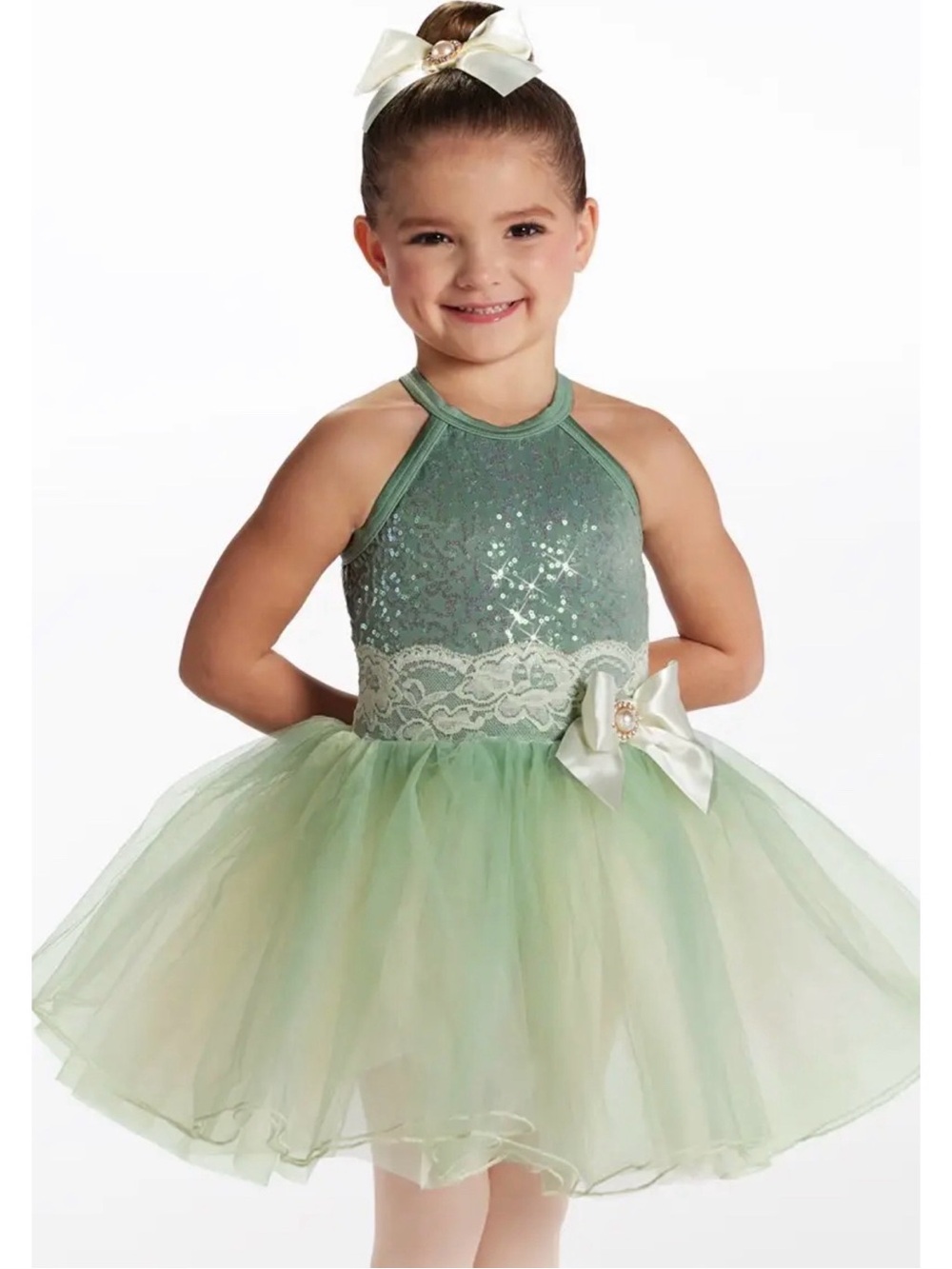 Weissman | Path of the Wind Green Cream Sequin Tulle Ballet Tutu Dance Dress SC